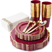 Plates Disposable, 50 Plastic Maroon Plates, Red Plastic Dinnerware Set, 25 10oz Cups, 75 Gold Cutlery, 25 Gold Napkins Good Vibrations