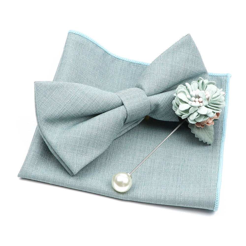 Mens Wedding Bowtie Brooch Set Romantic Solid Color Bamboo Fiber Bowknot Flower Lapel Pin Blue Pink Cravat Suit Shirt Accessory Good Vibrations