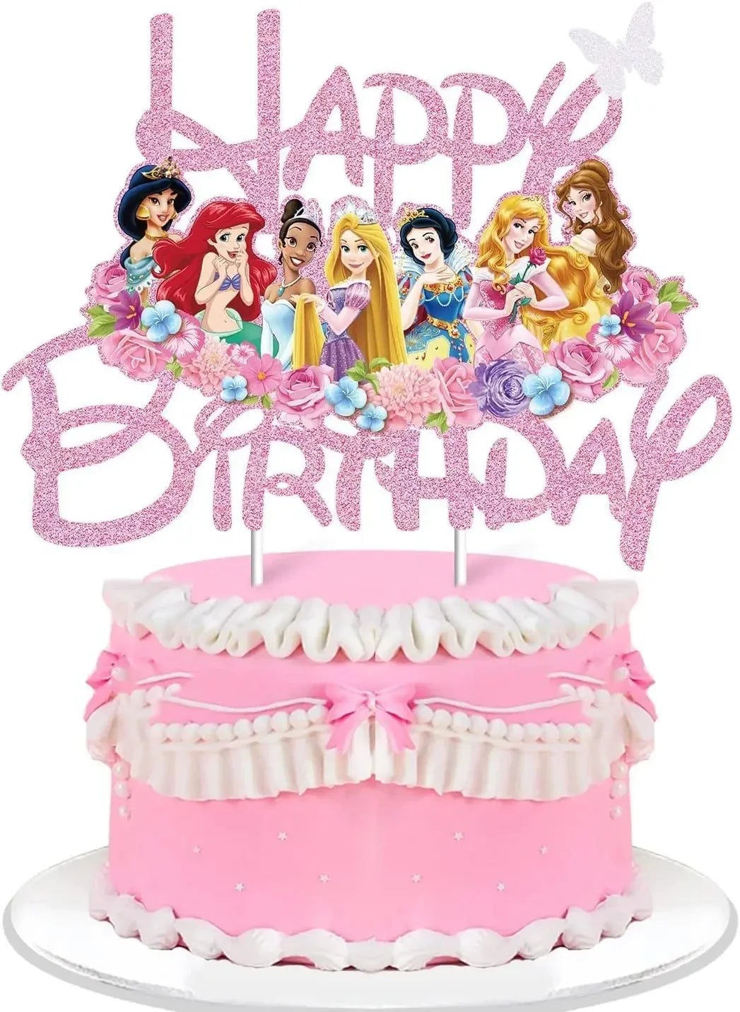 Princess Cake Toppers for Girls Birthday Cake Decoration Cinderella Mermaid Rapunzel Cake Toppers Pink Glitter Cake Flag Good Vibrations