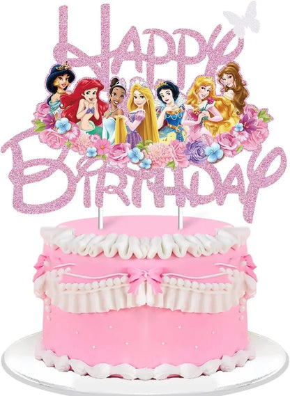Princess Cake Toppers for Girls Birthday Cake Decoration Cinderella Mermaid Rapunzel Cake Toppers Pink Glitter Cake Flag Good Vibrations