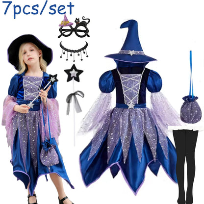 Halloween Party Costumes Witch Dress for Girls Kids Cosplay Carnival Witch Costume Pumpkin Dress Up With Bag Hat Wand Clothing Good Vibrations