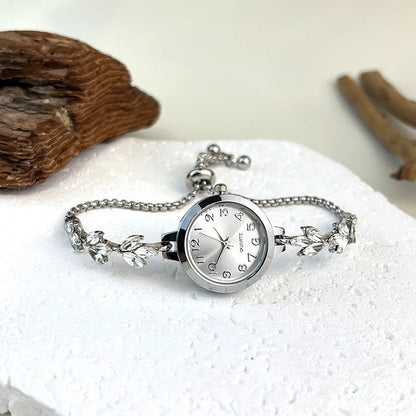 Round alloy case Arabic numeral classic dial leaf-shaped diamond-encrusted fashionable bracelet elegant ladies quartz watch Good Vibrations Adult Super Store