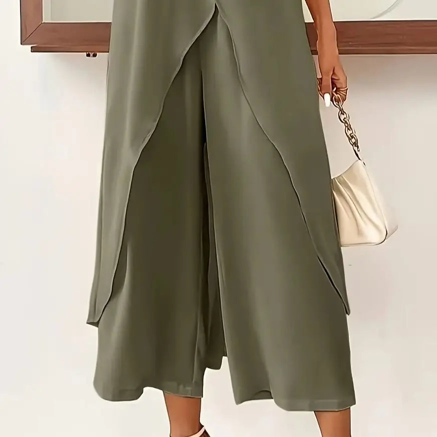 Women's Plus Size Solid Color Two-Piece Set, Casual Round Neck Long Sleeved Slit Top and Solid Color Wide Leg Pants Set Good Vibrations