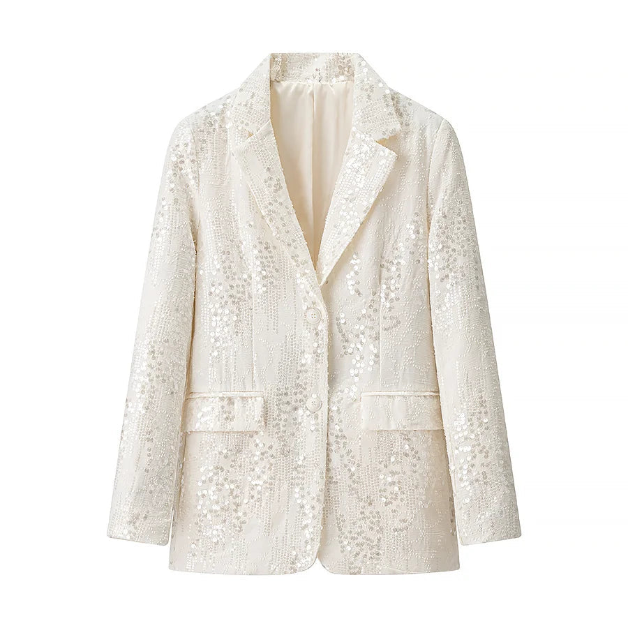 HH Women's Chic Set Sequins Turn-Down Collar Pockets Single-Breasted Blazers+High Waist Zipper Trousers Female Sets Trendy Good Vibrations