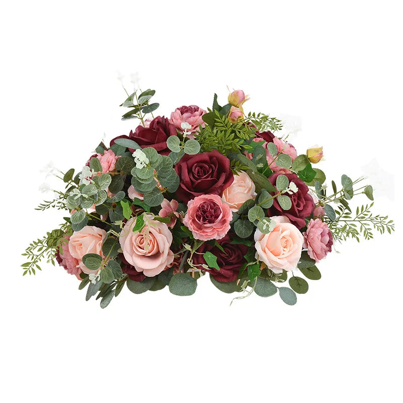 Uflower Red Rose Green Leaf Artificial Flowers Row Arrangement Wedding Table Center Flower ball Event Party Backdrop Decor Props Good Vibrations