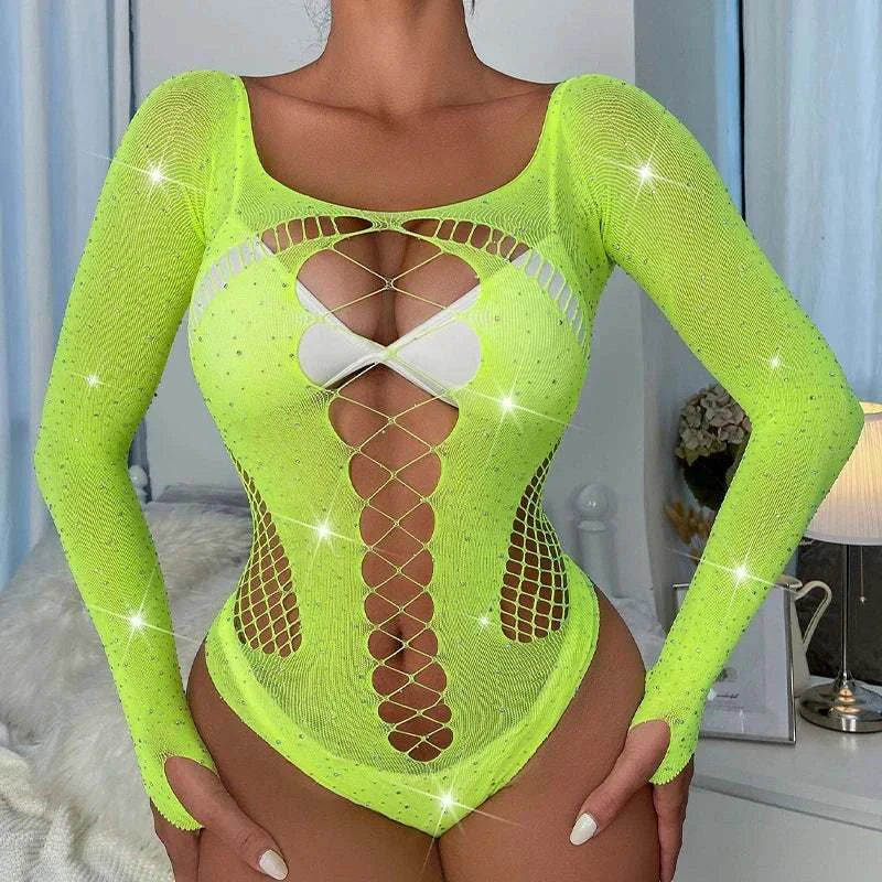 Women sexy fishnet bodysuit with rhinestones and long sleeves in bright color design.