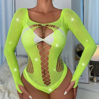 Women sexy fishnet bodysuit with rhinestones and long sleeves in bright color design.
