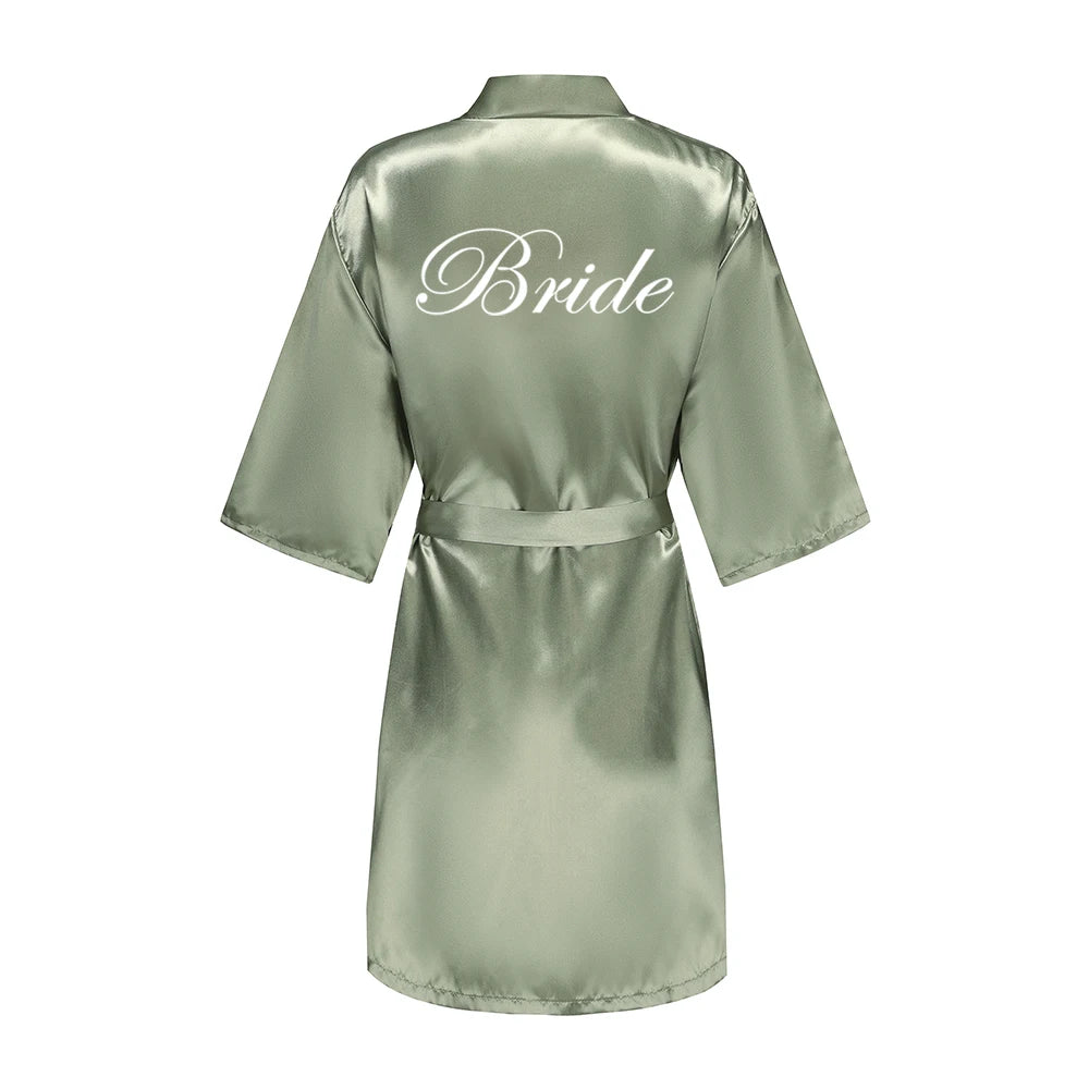 Grass Green Women's White Letter Bride Bridesmaid Short Satin Robes for Wedding Party Getting Ready Good Vibrations