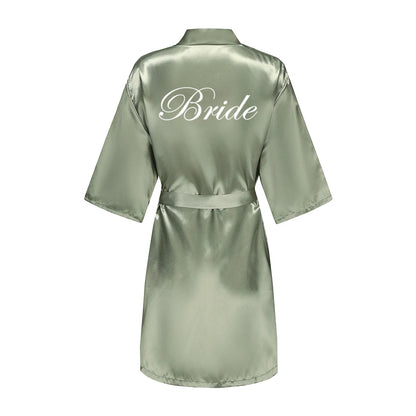 Grass Green Women's White Letter Bride Bridesmaid Short Satin Robes for Wedding Party Getting Ready Good Vibrations