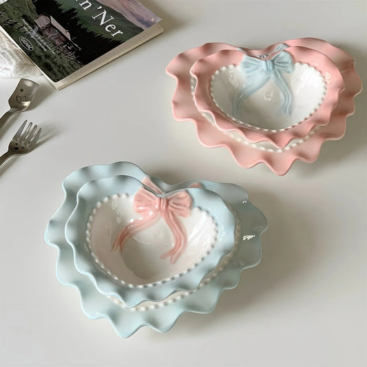 Cute Ceramic Dinner Plate Love Bow Jewelry Display Tray Wavy Edge Breakfast Plate Home Decor Photography Props Good Vibrations
