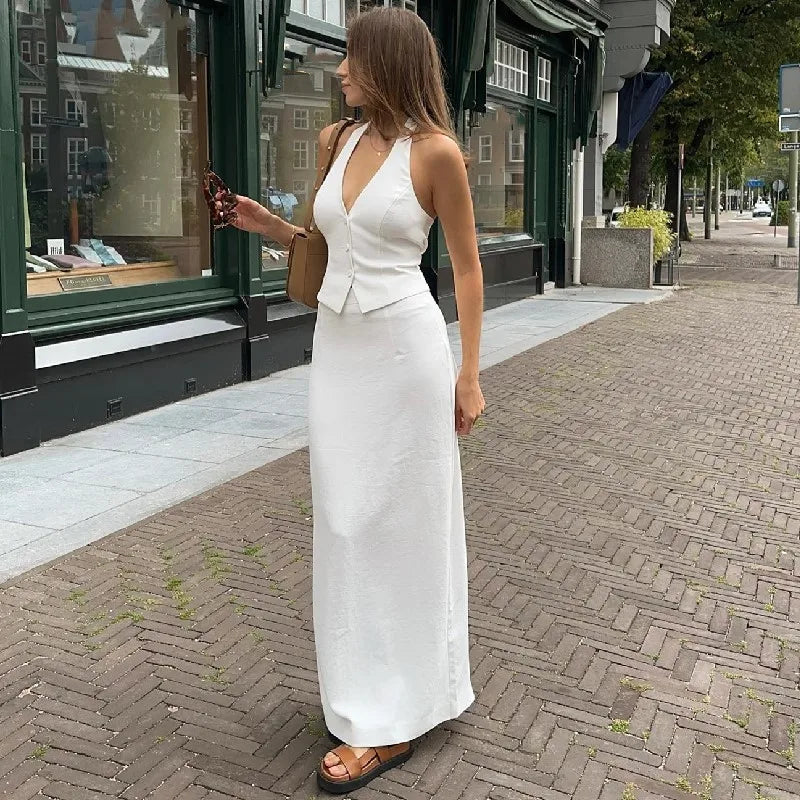 Women 2 Piece Summer Outfits Solid Color Button Halter Tops and Slit Long Skirt Set for Streetwear y2k Aesthetic Clothes Good Vibrations