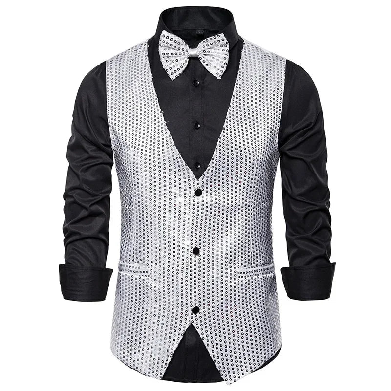 Gold Men's Sequin Vest Jacket, Single-breasted V-neck Sleeveless Vests Coat, Wedding Party Waistcoat Silver Blue Purple Red Tops