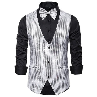 Gold Men's Sequin Vest Jacket, Single-breasted V-neck Sleeveless Vests Coat, Wedding Party Waistcoat Silver Blue Purple Red Tops