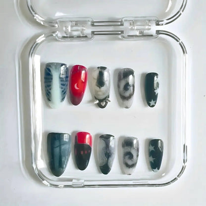 10pcs Dark Black Style Handmade Fake Nails Y2k Star Horor Foreat Designs Press On Nails Halloween Wearable Almond False Nail Good Vibrations