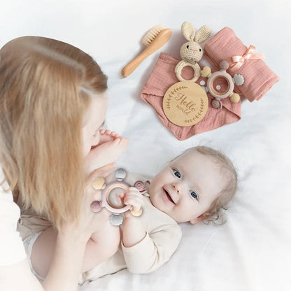 1Set Baby Bath Toy Set Food Grade Silicone Teether Toys Wooden Ring Crochet Rattle Milestones Card Bath Brush For Newborn Gift Good Vibrations