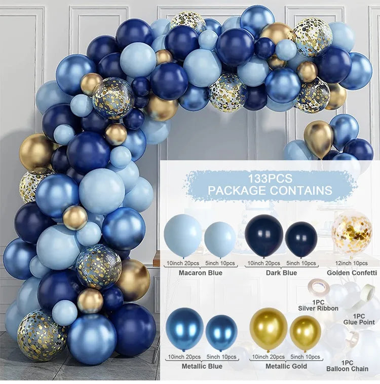 Blue White Metallic Balloons Garland Kit Gold Confetti Balloon Arch for Baby Shower Birthday Graduation Wedding Party Decoration Good Vibrations