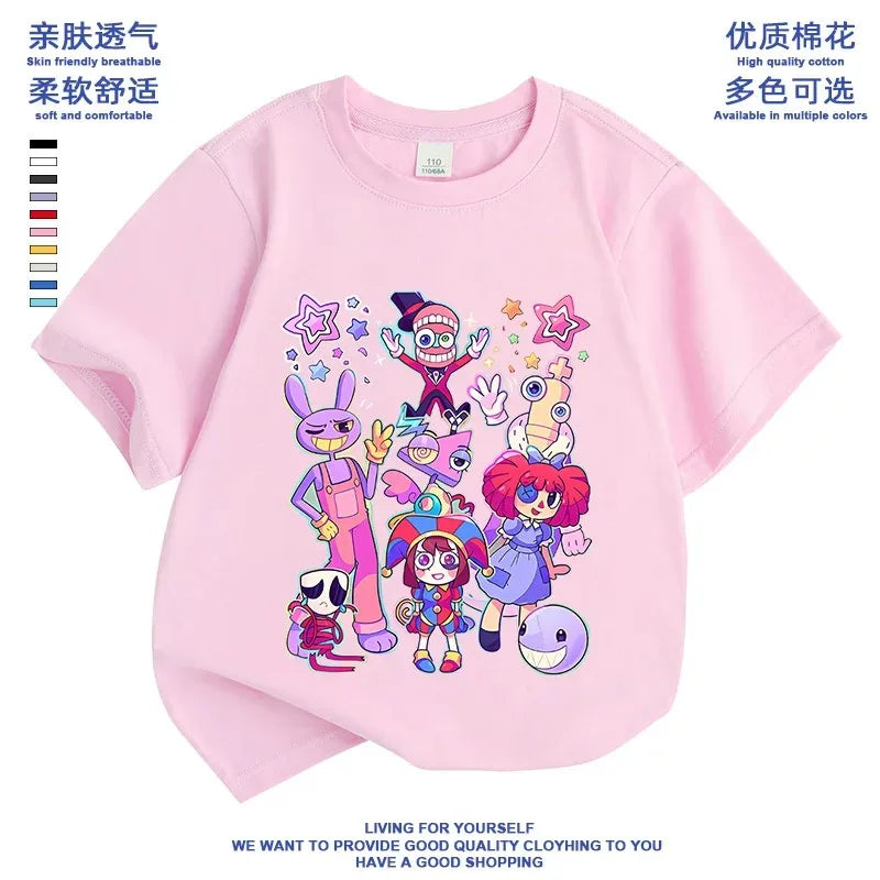 2026 Pure cotton boys and girls' short-sleeved T-shirt summer children's clothing cartoon magic digital circus children's top Good Vibrations