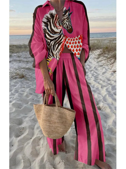 Women's Two Piece Set Print Shirt Pants Suit Single Breasted Lapel Short Sleeve Shirt And Wide Leg Trousers Sets, Lady Outfits Good Vibrations
