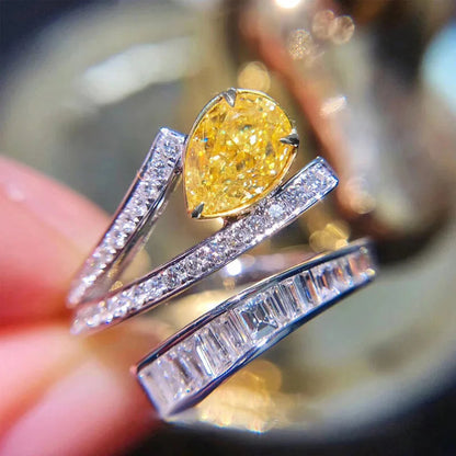 Elegant Yellow Water Drop Shaped Crystal Rhinestone Zircon Ladies Ring for Women Party Wedding Engagement Jewelry Size 6-10 Good Vibrations