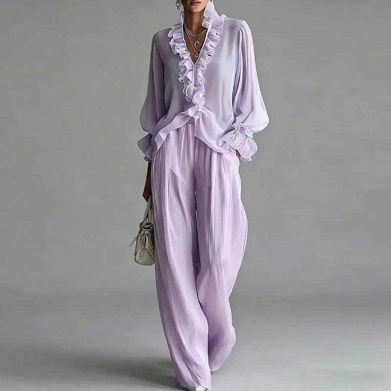 White Casual 2 Piece Outfit for Woman Sexy Ruffle V Neck Long Sleeve Blouse Wide Leg Pants Set Spring Summer Bohemian Suit Mujer Good Vibrations