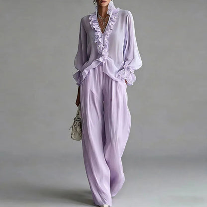 White Casual 2 Piece Outfit for Woman Sexy Ruffle V Neck Long Sleeve Blouse Wide Leg Pants Set Spring Summer Bohemian Suit Mujer Good Vibrations