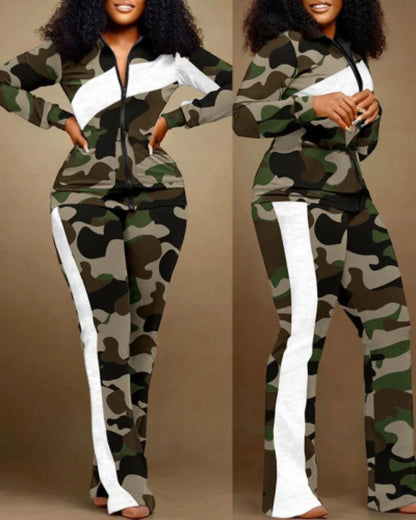 Two Piece Set Women Outfit 2023 Autumn Fashion Geometric Print Stand Collar Long Sleeve Zip Up Top & Casual Sporty Pants Set Good Vibrations