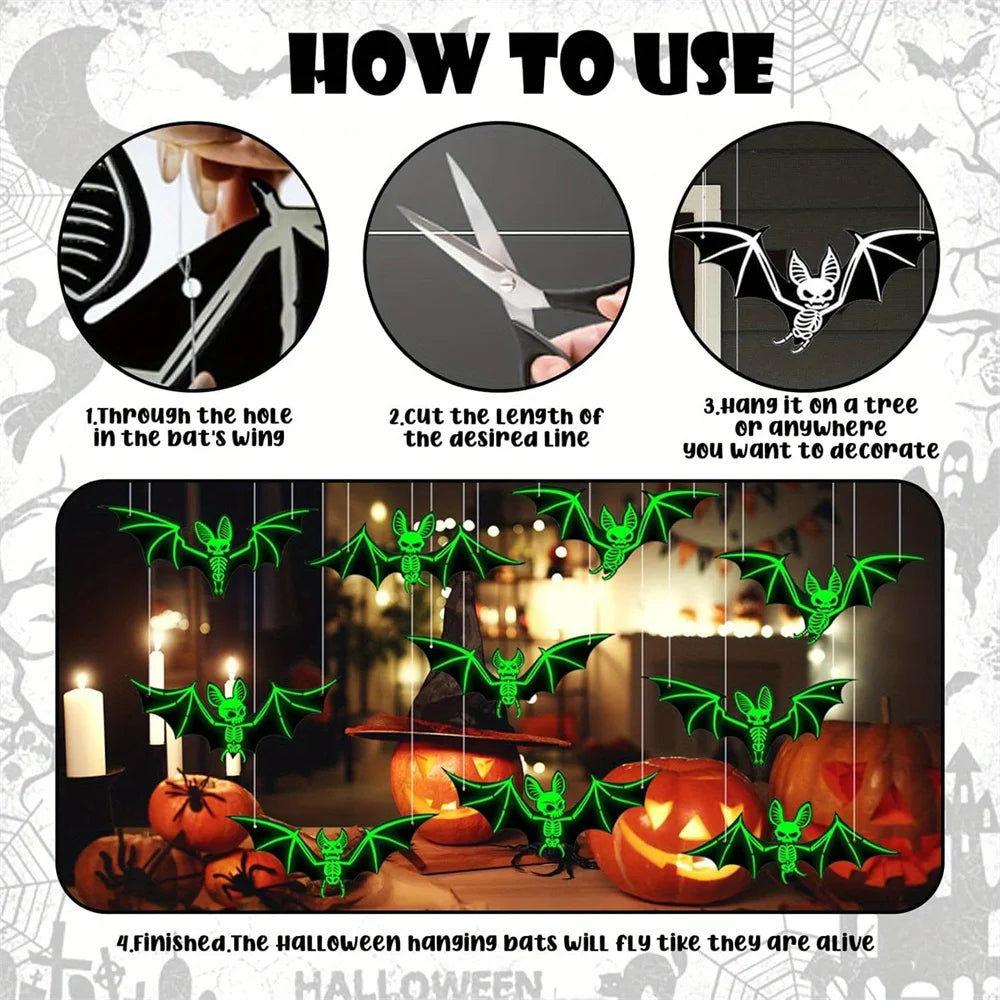 10pcs Halloween Hanging Glow-in-the-Dark Bats - 3D Glowing Green Plastic Decorations for Haunted House Parties Good Vibrations