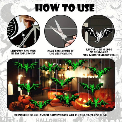 10pcs Halloween Hanging Glow-in-the-Dark Bats - 3D Glowing Green Plastic Decorations for Haunted House Parties Good Vibrations