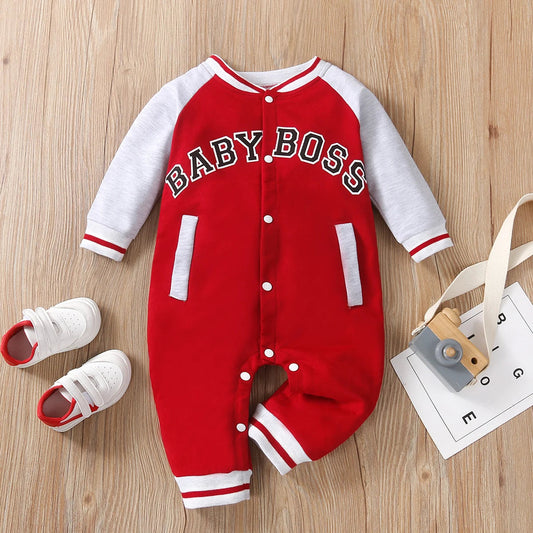 Fashionable letter printed long sleeved round neck cute and personalized baby boy jumpsuit Good Vibrations