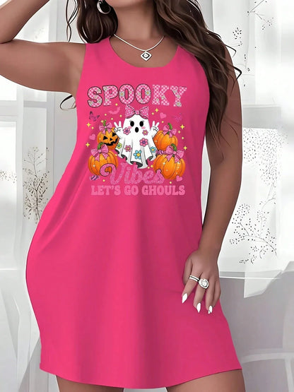 Pink Halloween costume dress for women with spooky ghost and pumpkin print, sleeveless and breathable summer casual style