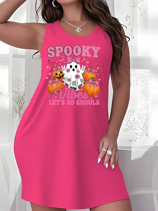 Pink Halloween costume dress for women with spooky ghost and pumpkin print, sleeveless and breathable summer casual style