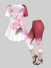 ROSEGAL Plus Size 3D Printed Outfit Female Colorblock Suit Floral Graphic Tee And Capri Leggings Size Is Too Large Matching Set Good Vibrations