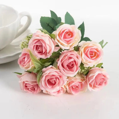 10 Heads Artificial Flowers Scrapbooking Silk Roses Christmas Wedding Party Bouquet Household Products Vases for Home Decoration Good Vibrations