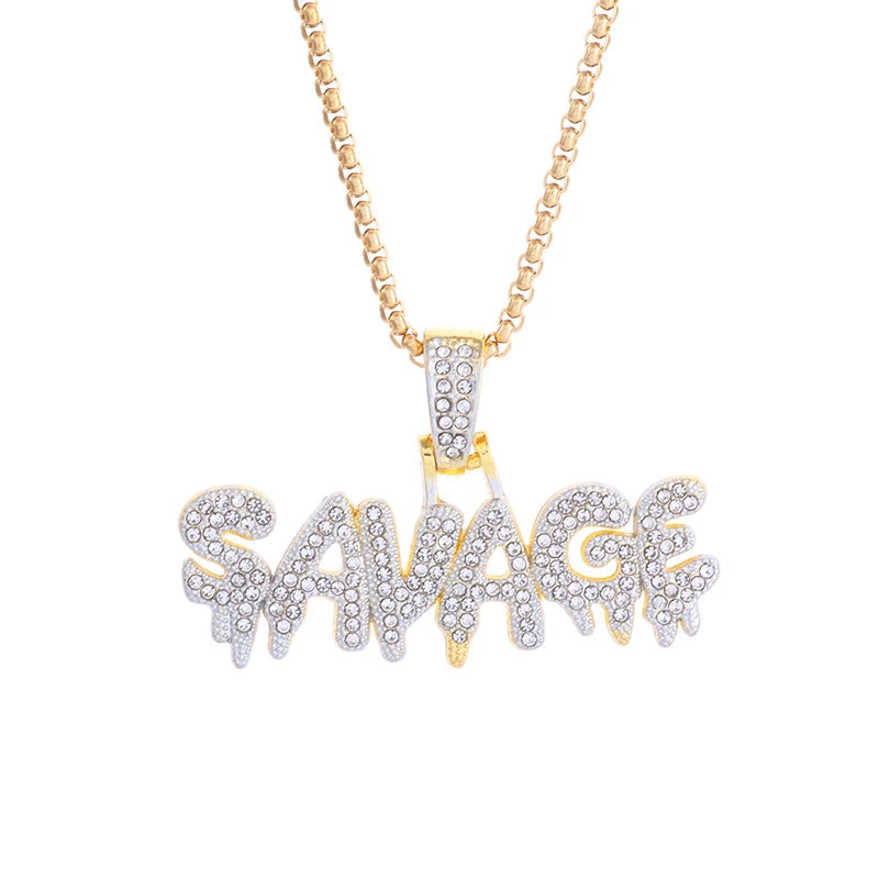 Hip Hop Ice Out Square Crystal S-A-V-A-G-E Letter Pendant Necklace for Men and Women Street One Last Party Trendy Jewelry Gift Good Vibrations
