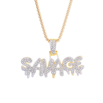 Hip Hop Ice Out Square Crystal S-A-V-A-G-E Letter Pendant Necklace for Men and Women Street One Last Party Trendy Jewelry Gift Good Vibrations