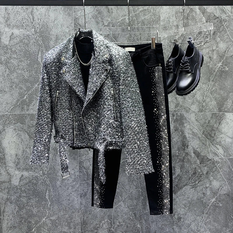 Autumn Winter High-End Bright Silk Design Short Suit Collar Jackets Loose Coat Men Handsome Fashion Trendy Male Solid Color Tops Good Vibrations