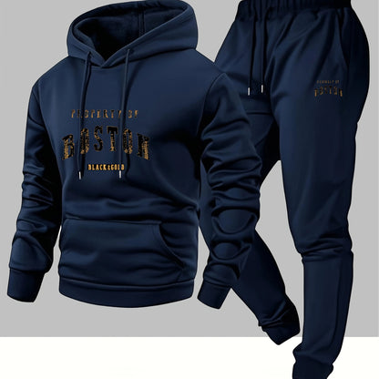Men's Boston print hooded sweatshirt and sweatpants soft and comfortable thin velvet warm sweatpants set autumn and winter Good Vibrations