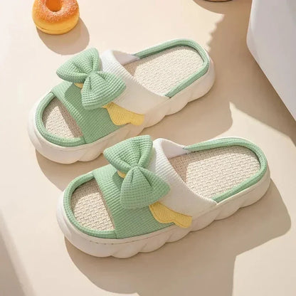 Linen Slippers Women Indoor Slippers Comzy Anti-Slip House Cotton Shoes  Cute Bowknot Flat Slipper Couples Slides Spring Summer Good Vibrations