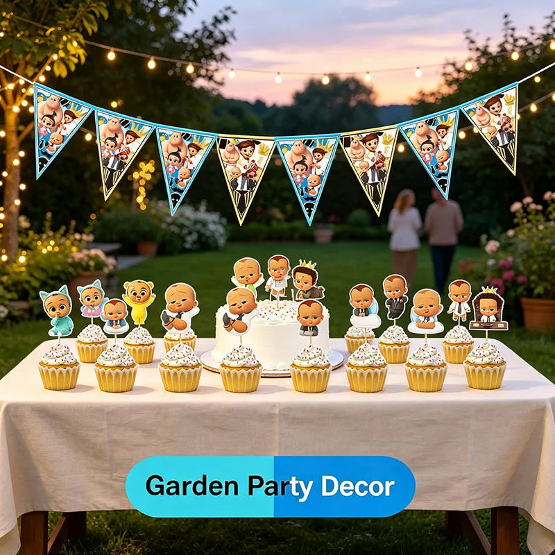 Holiday Gathering Decor Pack Boss Baby Character Print Cupcake Toppers Triangle Flag Banner Disposable Party Ornaments Good Vibrations