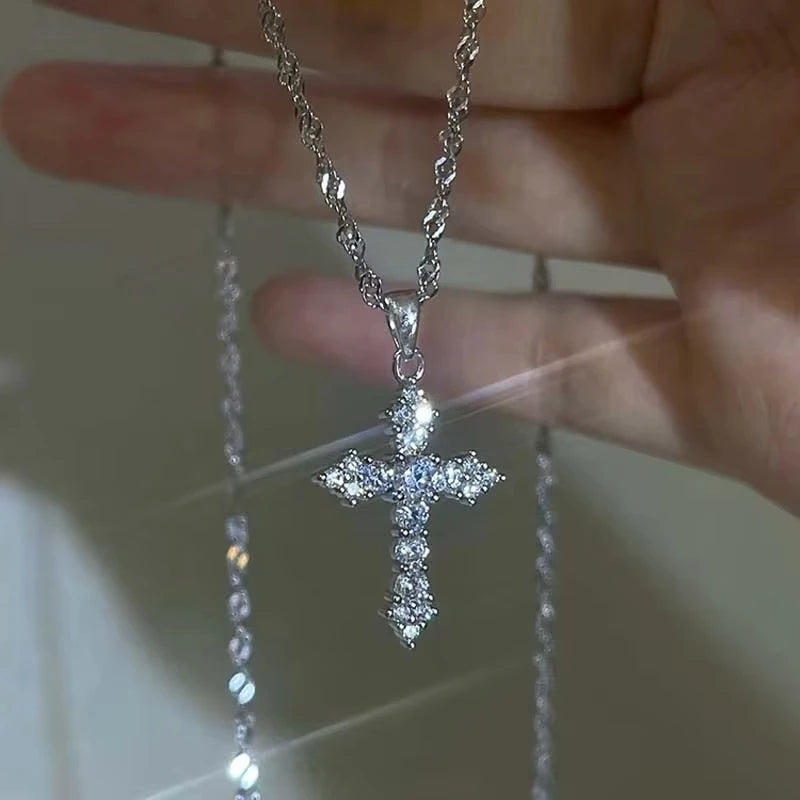 Shiny Crystal Zircon Cross Pendant Necklace for Women Girls Punk Silver Color Thin Chain Necklace Party Jewelry Birthday Gift Good Vibrations