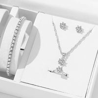 5Pcs Elegant Crystal Jewelry Set Zirconia Ring Necklace Bracelet Earrings Simple Set Jewelry Fashion Versatile Trendy Jewelry Good Vibrations