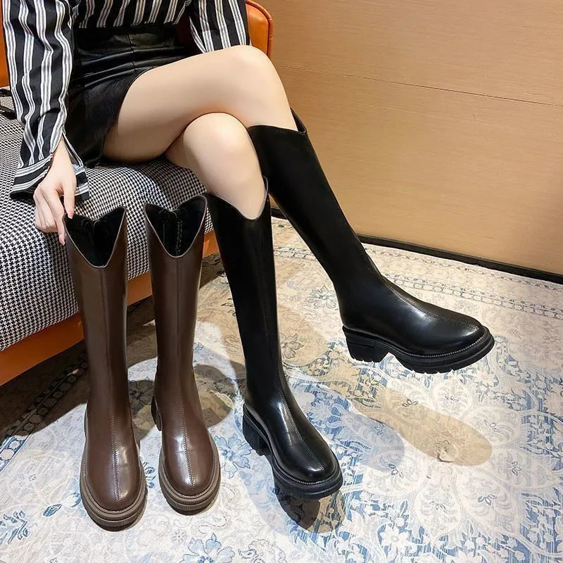 Boots Women's Autumn and Winter New Flat Bottom Black Long BootsVVersatile Slimming Long Boots Height Increasing Elastic High Good Vibrations