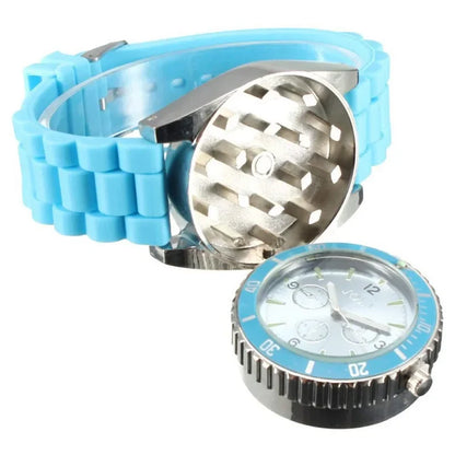 Portable watch-style herb grinder with blue band, ideal for outdoor travel and tobacco grinding accessories.