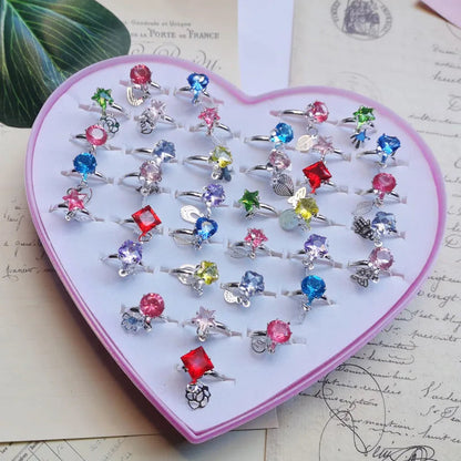 12/36PCS/set Adjustable Kids Crystal Rings Jewelry Heart Star Square Open Finger Ring For Children Girl Party Gift Good Vibrations