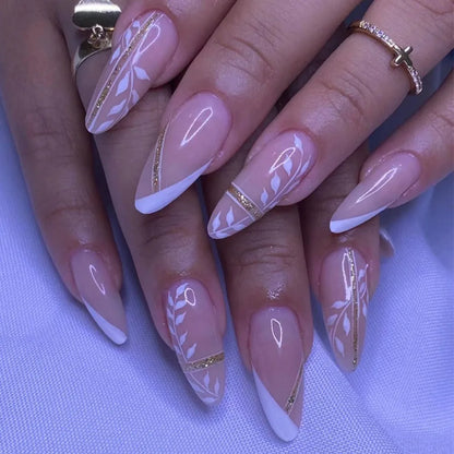 24Pcs Detachable Acrylic False Nails Press On Nail Cute Cherry French Almond Wearable Artificial Fake Nails Full Cover Nail Tips Good Vibrations