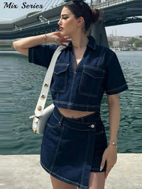 Denim Irregular Hem Skirt Shorts Set Women Slim Short Sleeve V Neck Crop Tops High Waist Shorts 2025 New Female Y2k Streetwear Good Vibrations Adult Super Store