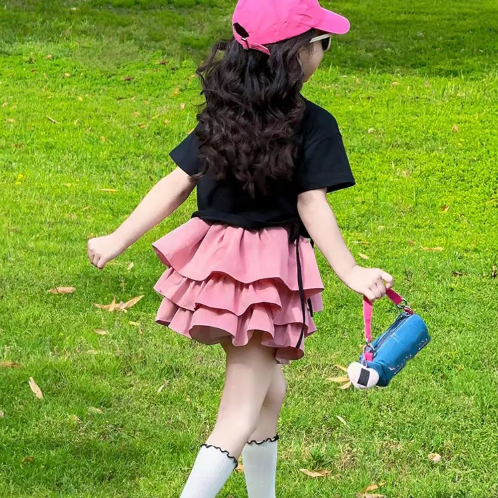 Outfits Y2K Bow Children Cake Skirt Set Pleated Teenagers T-shirt Skirt Suit Sweet Slim Fit Girls Clothes Set Summer Good Vibrations