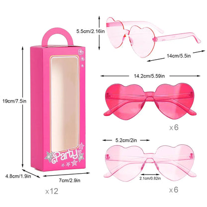 12 Pink Doll Gift Boxes Goodie Bag + 12 Heart Shaped Sunglass Pink Princess Girls Boxes for Birthday Bachelorette Party Favor Good Vibrations