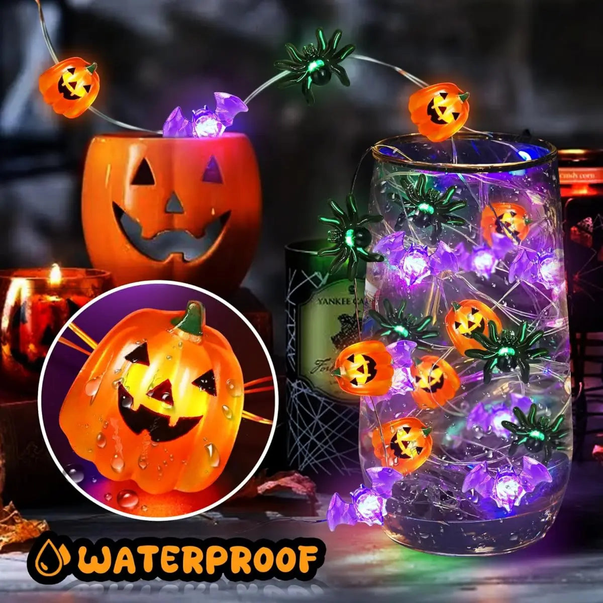 1pc LED Halloween Pumpkin Spider Bat String Light Battery Operated Waterproof Indoor And Outdoor Spooky Atmosphere Hanging Decor Good Vibrations