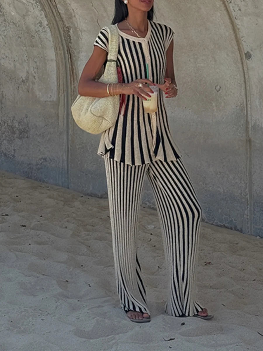 TWOTWINSTYLE Striped Loose Two Piece Set for Women O Neck Sleeveless Top High Waist Wide Leg Pants Casual Sets Female Sumemr New Good Vibrations
